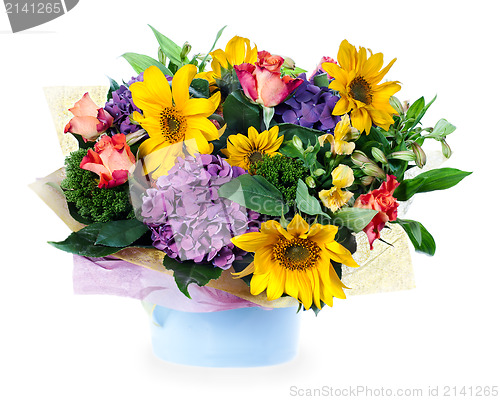 Image of  colorful floral bouquet of roses, lilies, sunflowers and irises