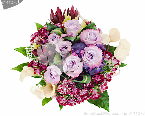 Image of colorful floral bouquet of roses, lilies and orchids isolated on