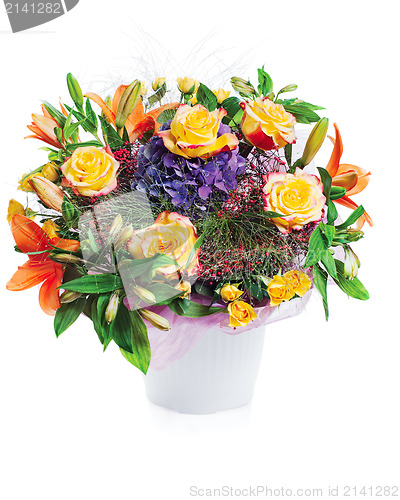 Image of colorful flower bouquet arrangement centerpiece in vase isolated