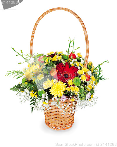 Image of colorful flower bouquet arrangement centerpiece in a wicker gift