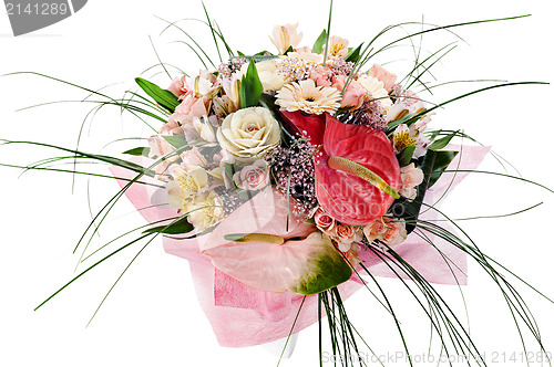 Image of colorful floral bouquet of anthuriums, roses and orchids centerp