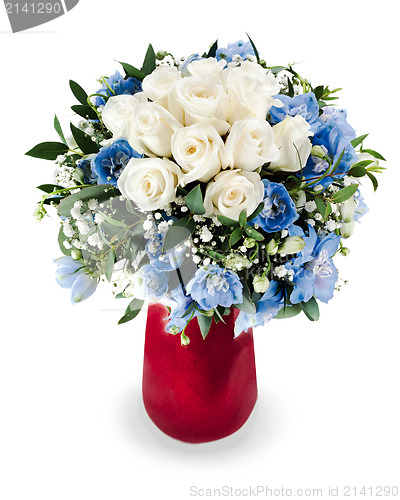 Image of colorful floral bouquet from white roses and delphinium centerpi
