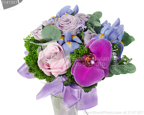 Image of colorful flower wedding bouquet for bride from roses, iris and o