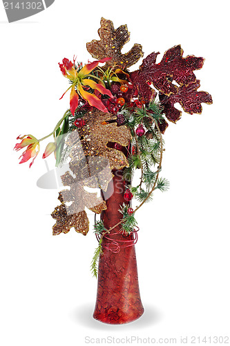 Image of Christmas arrangement of Christmas balls, artificial flowers, be