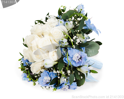 Image of colorful floral bouquet from white roses and delphinium isolated