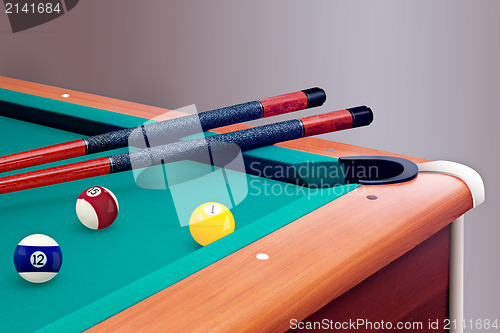 Image of Green billiard table with balls and cues