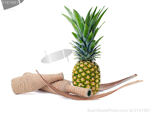 Image of still life of pineapple and decorated bottles isolated on white 