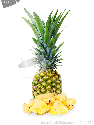 Image of ripe pineapple with slices  isolated on white background