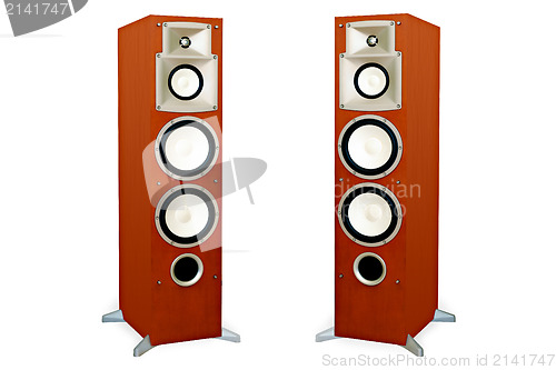 Image of  Two audio speakers in wooden case isolated on white background,