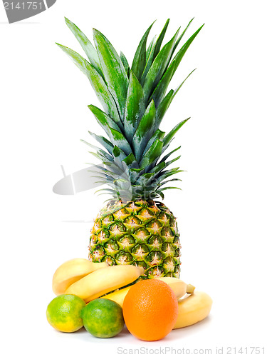 Image of set of fruit: ananas, bananas, limes and orange isolated on whit