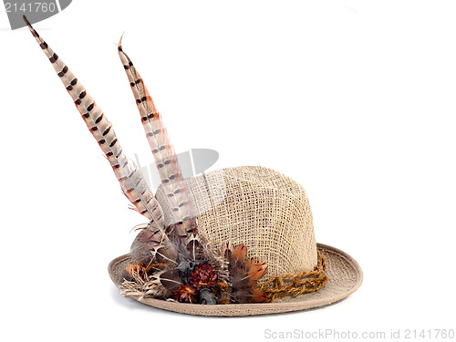 Image of a hunting hat with pheasant feathers isolated on white backgroun