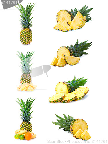 Image of set fresh pineapple fruits with cut isolated on white