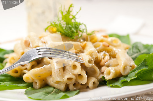 Image of Italian pasta penne gorgonzola and pine nuts