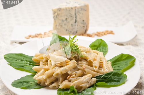 Image of Italian pasta penne gorgonzola and pine nuts