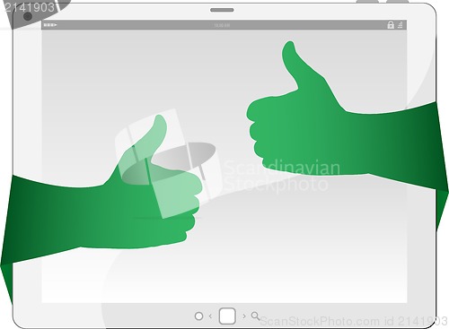 Image of Hands holding touch screen tablet pc with blank screen