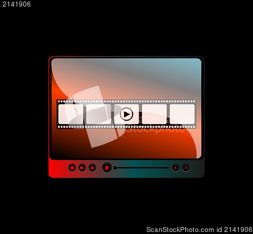 Image of movie player interface with film strip and digital buttons, raster