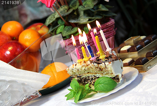 Image of Birthday cake with burning candles