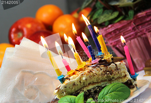 Image of Birthday cake with burning candles