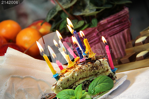 Image of Birthday cake with burning candles