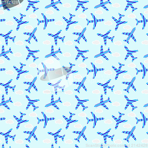 Image of aircraft flying in the sky with clouds. Seamless wallpaper.