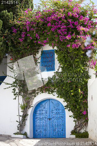 Image of Blue doors and white wall of Sidi Bou Said, Tunisia