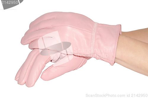 Image of Woman's hands in pink leather gloves
