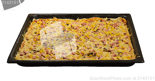 Image of Large pizza on a baking sheet