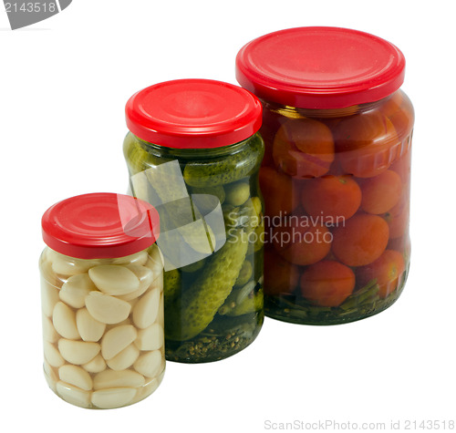 Image of garlic cucumber tomatoes canned glass jar pot 