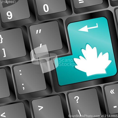 Image of Green energy key with leaf icon on laptop keyboard