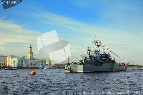 Image of military ship on Neva River - day of the Navy in St. Petersburg