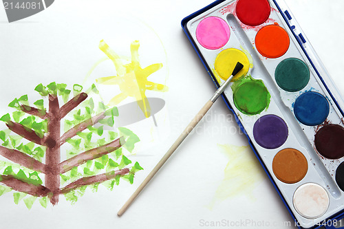 Image of Children drawing and watercolor paints
