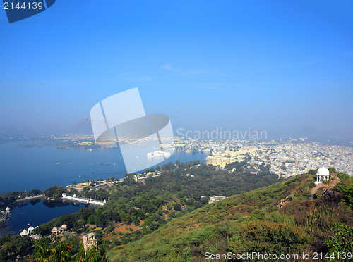 Image of landscape with lake and palaces in Udaipur