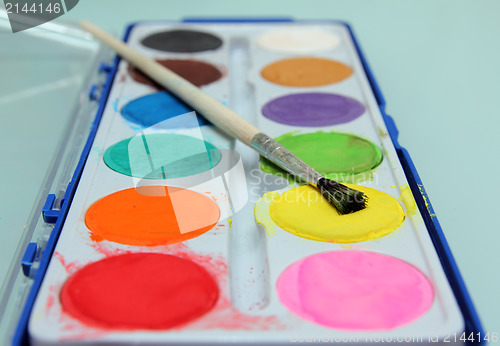 Image of set of water-colour paints and brush