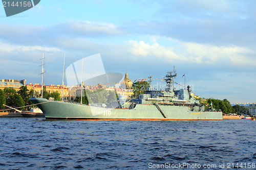 Image of military ship on Neva River - day of the Navy in St. Petersburg