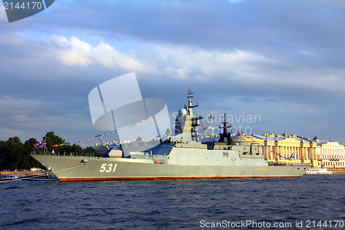 Image of military ship on Neva River - day of the Navy in St. Petersburg