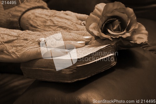 Image of Senior hands on a bible