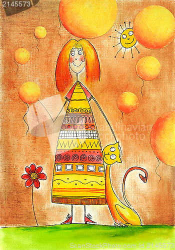 Image of Happy girl with cat, child's drawing, watercolor painting on paper
