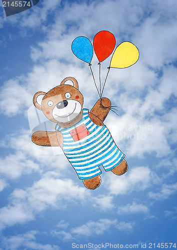 Image of Happy teddy bear, child's drawing, watercolor painting over sky