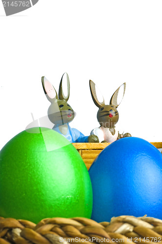 Image of easter basket with painted eggs and bunnies
