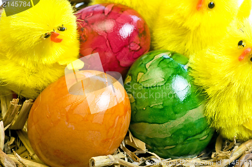 Image of easter basket with painted eggs and biddies