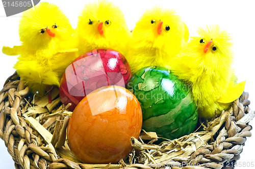 Image of easter basket with painted eggs and biddies