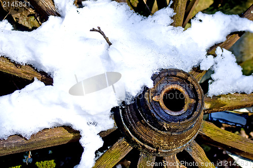 Image of old cart wheel in snow