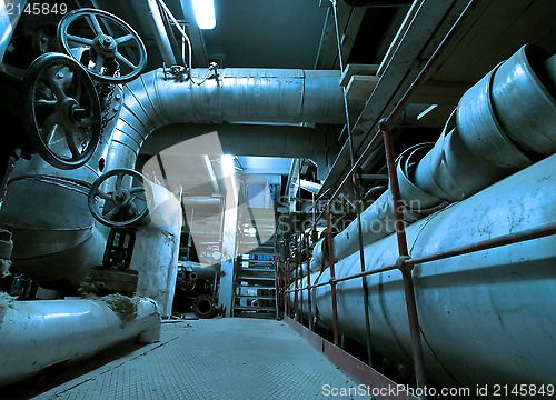 Image of Industrial zone, Steel pipelines and cables in blue tones