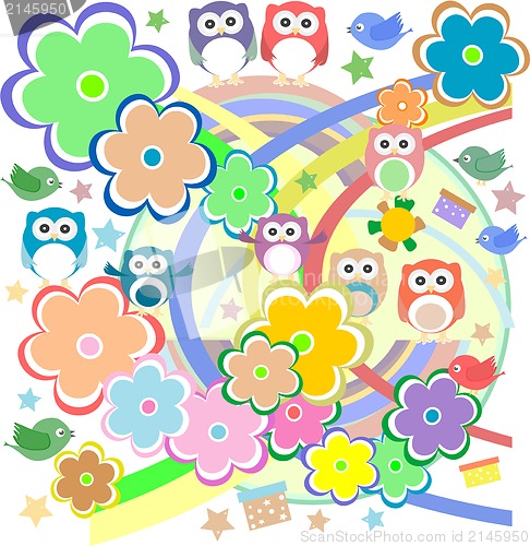 Image of Background with owl, flowers and birds