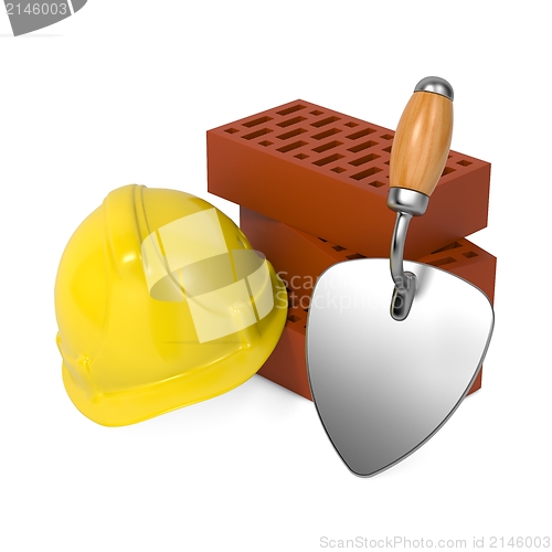 Image of Hard Helmet, Trowel and Bricks.