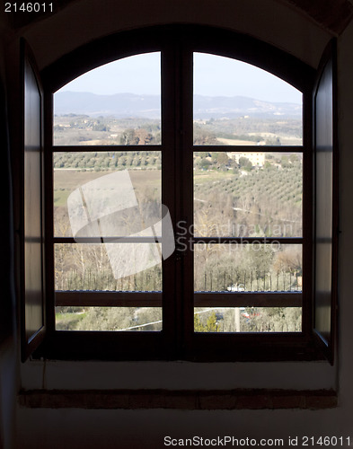 Image of Beautiful View of Tuscan Farmland from Open Window