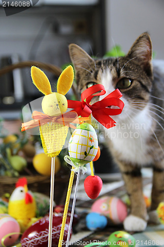 Image of Easter rabbit and funny cat