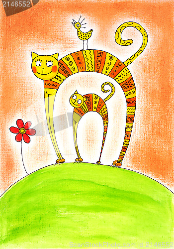 Image of Cat and kitten, child's drawing, watercolor painting