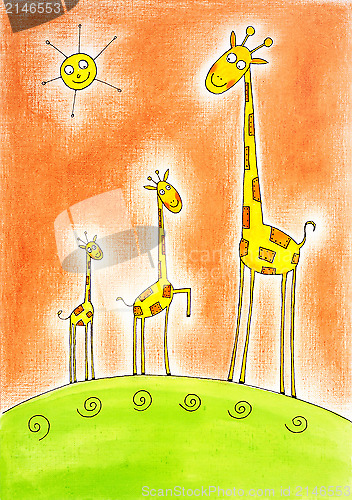 Image of Three happy giraffes, child's drawing, watercolor painting 