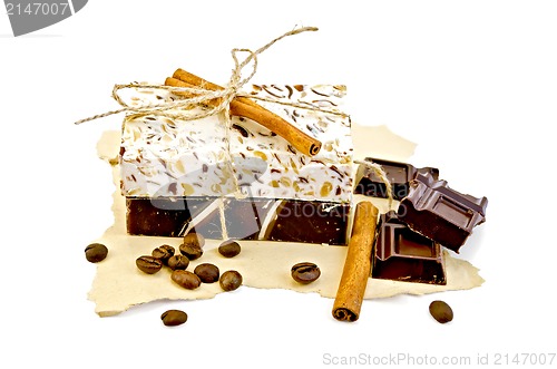 Image of Soap homemade with chocolate and cinnamon on paper